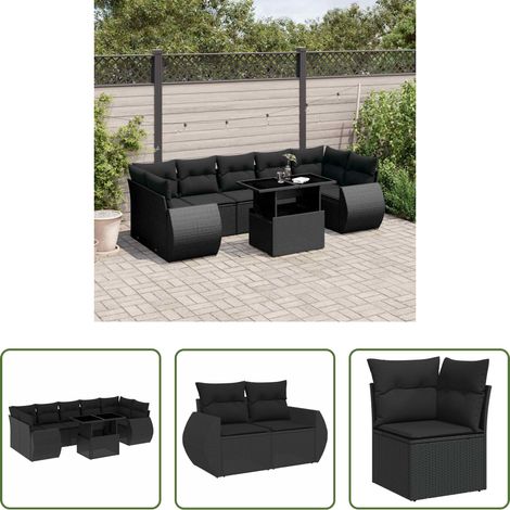 vidaXL Canapé extérieur -  Salon de jardin 8 pcs avec coussins noir résine tressée (1/5)