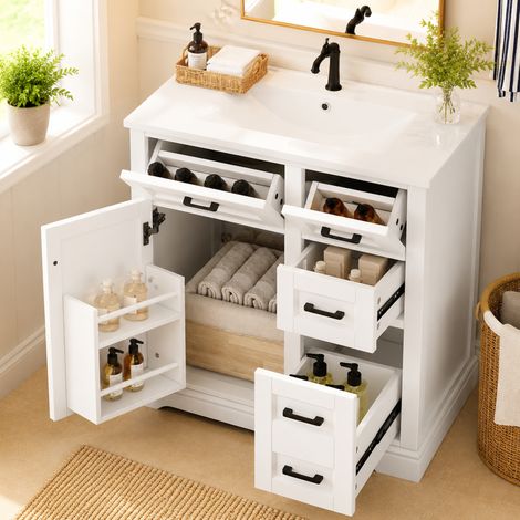 Mobile lavabo 76x47x82 cm, con lavello in ceramica integrato, vani laterali, MDF, bianco (1/5)