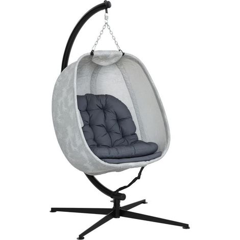 Fauteuil suspendu en forme d'œuf extérieur avec support et coussins, utilisable en intérieur et extérieur