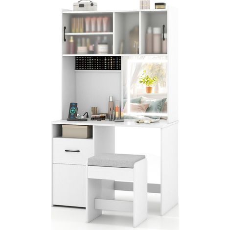 Toeletta illuminata con specchio 100 x 50 x 170 cm pratico contenitore 3 modalità di illuminazione design moderno in legno bianco 200018418