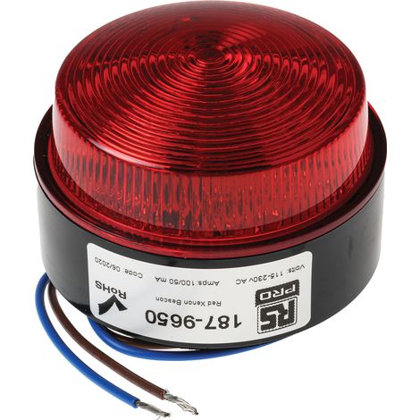 Rs Pro – Balise clignotante xénon rouge 115-230V – Flash lumineux – Montage en surface – Consommation 50/100mA – Diamètre base 76mm (1/3)