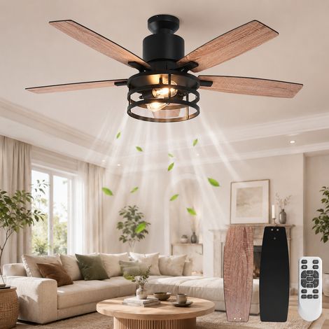 ROSNEK Ventilateur de plafond avec lumière 132 cm, 5 pales réversibles, moteur DC silencieux et télécommande, noir