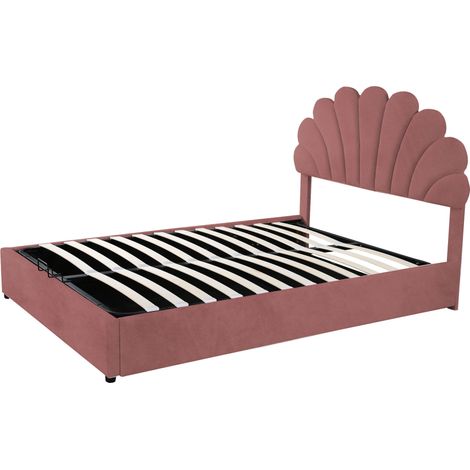 Cama tapizada 140 x 200 cm en terciopelo rosa con cabecero floral y almacenaje (1/5)
