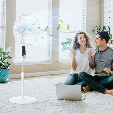 Ventilateur pied hauteur réglable oscillant 85° 3 vitesses 50W écran LED télécommande minuterie Ø42cm, blanc