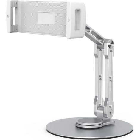 Support de tablette réglable pivotant à 360° avec bras long et pliable, support de bureau avec pince, support pour tablette à utiliser sur les genoux ou au lit. (1/5)