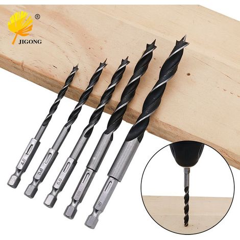 Ensemble d'outils électriques pour aléser les trous de 4/5/6/8/10 mm pour le travail du bois (5 pièces) avec foret à trois pans à queue hexagonale de 6,35 mm (1/4"). (1/5)