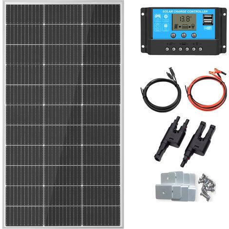 Kit Panneau Solaire 100W 12V Monocristallin Système Hors Réseau pour Maison RV Bateau + Contrôleur PWM 10 A 12 V/24 V+ Câbles solaires de 3m + Support en Z (1/5)