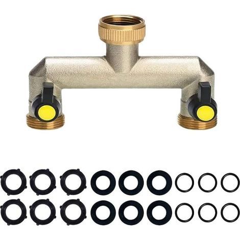 Faucet Splitter avec 2 Voies Raccord Tuyau d'arrosage,3/4" Laiton Adaptateur Tuyau Faucet pour Exterieur Jardin Arrosage Raccord Embout Robinet Connecteur Double Robinet Avec 2 Vannes On/Off