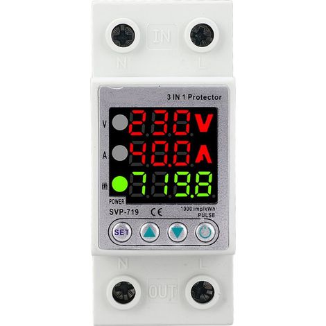 Protecteur de tension réglable, dispositif de protection intelligent à réinitialisation automatique avec affichage de la puissance AC230V 1-40A (SVP-719-40A N) (1/4)