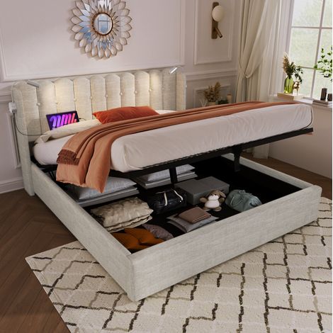 Bettgestell 160x200 cm aus Leinen in Beige/Natur mit Kopfteil, Leselicht und USB, Stauraum (1/5)
