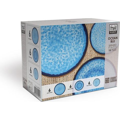 MA MAISON SERVIZIO PIATTI 18 PEZZI STILE ASTRATTO BLU 6 FONDI - 6 PANI - 6 DA DESSERT PER LAVASTOVIGLIE E MICROONDE 6 PERSONE