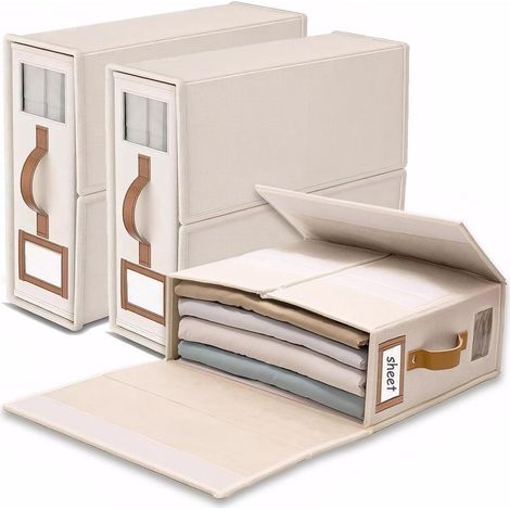 linge rangement drap de lit 3 organisateur drap pliable, respirantes avec fenêtre transparente & étiquette pour draps, couvertures & serviettes couleur lin (1/5)