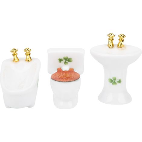 1/24 Miniature salle de bain poupée - Ensemble baignoire céramique, toilettes et lavabo - Trèfle à quatre feuilles (1/5)