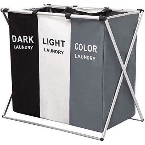 Panier À Linge - 3 Compartiments - 155 L - 68x38x60 cm - Pliable Avec Poignée - Blanc/Gris/Noir (1/4)