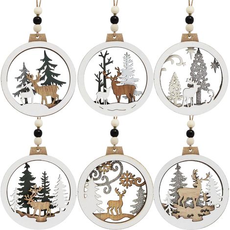 Lot de 6 décorations de Noël en bois, style rustique, rennes et décorations à suspendre, ornements festifs d'intérieur pour la décoration du sapin de Noël (1/5)