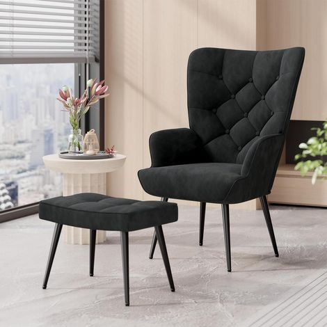 Sessel mit Hocker, modern, Samt, bis 150 kg, Schwarz (1/5)