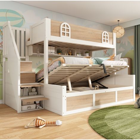 Etagenbett (256x148x155 cm), mit Treppenschrank und Stauraum, Holz, Weiß Natur (1/5)