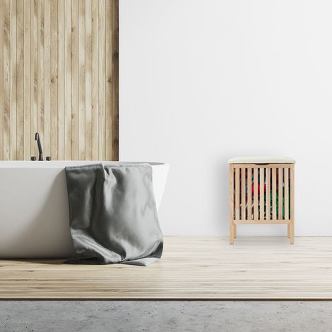 Relaxdays Wäschekorb mit Sitz, Badhocker mit Stauraum, 40 l Wäschesammler, Holz/Stoff, HBT: 51 x 41 x 41 cm, natur/weiß
