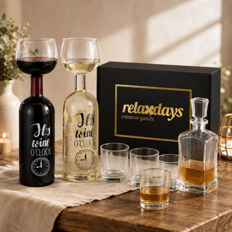 Set de regalo para amantes del whisky (2 piezas): decantador con relieve, 4 vasos y botella con forma de copa de vino (1/5)