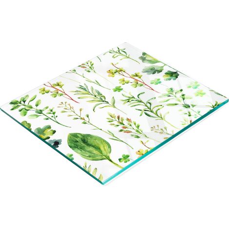 Tagliere e vassoio decorativo in vetro con motivo erbe aromatiche e piante selvatiche, 60x52 cm (1/5)