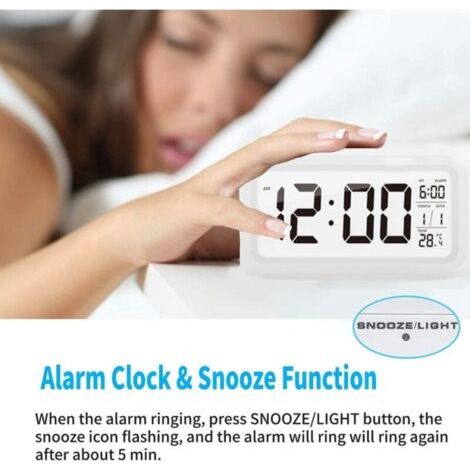 Sveglia digitale bianca con grande display LCD temperatura, funzione snooze silenziosa a batteria (1/4)