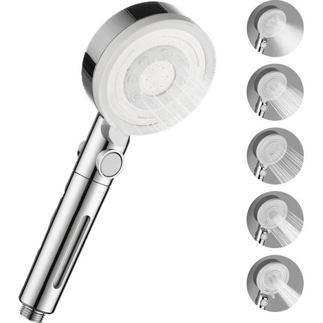 Pommeau de douche couleur blanche galvanisée à 5 vitesses, adapté au tuyau d'arrivée d'eau à 4 points, domestique, 1 élément filtrant (1/5)