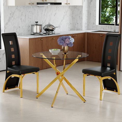 Ensemble salle à manger 88 cm en verre trempé noir et doré, compact pour petit espace – MEUBLIV (1/5)