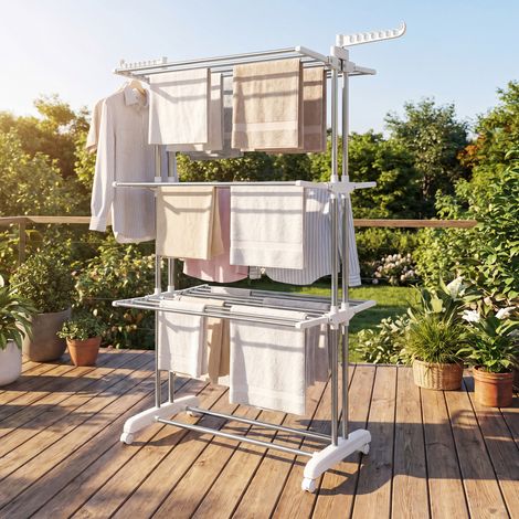 Étendoir à Linge à 4 Niveaux, Séchoir Pliable à Roulettes, 63,5 x 128 x 173 cm, Argent et Blanc (1/4)