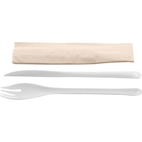 EKO Kit couvert blanc 4 en 1 en CPLA : couteau + fourchette + cuillère + serviette kraft - 500 unités - Betik