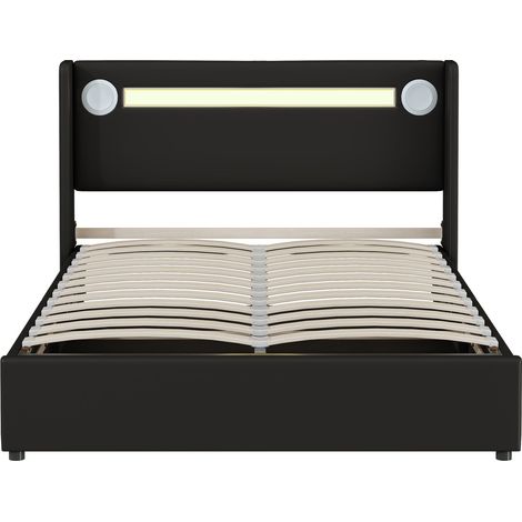 Lit rembourré 140x200 avec bande lumineuse LED, lecteur Bluetooth et charge USB, lit coffre en cuir PU, cadre de lit haut, lit double avec sommier à lattes, noir (1/5)