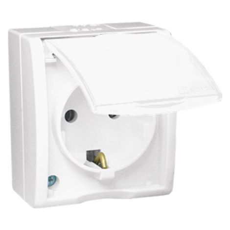 Simon Aquarius Presa singola con/senza Schuko, resistente agli spruzzi IP54, sportellino bianco, bianco AQGSZ1/11
