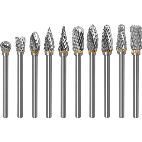 Lot de 10 fraises rotatives en carbure de tungstène, queue de 3 mm (1/8"), double coupe, pour outil rotatif (1/5)