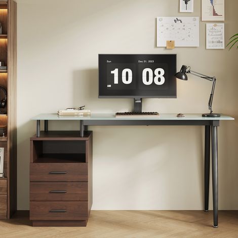 Bureau 130x50 avec 3 tiroirs et niche en verre OKMYHOME (1/5)