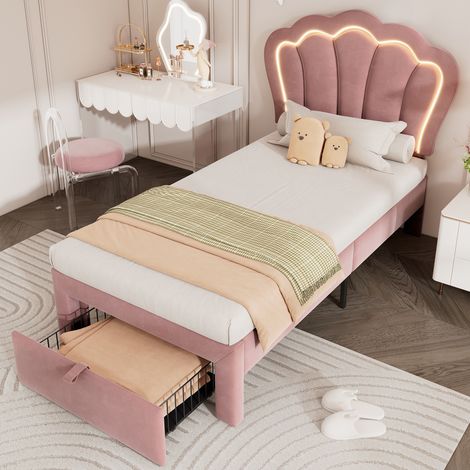 lit adulte rangement 90x190 velours rose LED app RGB OKMYHOME (1/5)