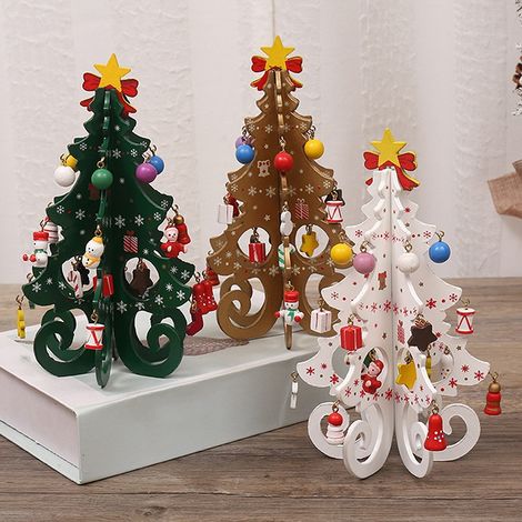 Un ensemble de six mini sapins de Noël en bois + un ensemble complet de décorations, de 19 cm de haut, avec une base de 14 cm de large. (1/4)
