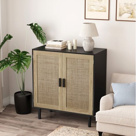 Buffet de rangement 80x40x88 cm noir en MDF et rotin avec 2 portes magnétiques (1/5)