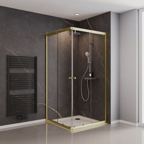 Accès d'angle droit avec portes de douche coulissantes, 75 x 90 - 75 x 90 cm x 180 cm, verre 4 mm, Sunny Schulte, profilé or mat, verre transparent