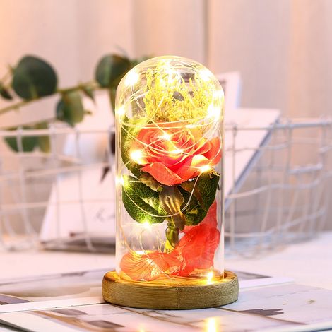 Veilleuse LED avec couvercle en verre en forme de rose, ornement décoratif, rose artificielle en forme de paille, cadeau romantique pour la Saint-Valentin ou un anniversaire, décoration blanc chaud. (1/5)