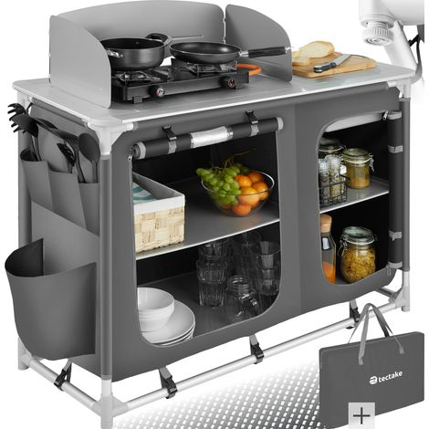 Tectake – Cuisine de camping pliable avec sac de transport 116 x 52 x 107 cm – Aluminium résistant à la chaleur – Évier amovible et pieds réglables (1/8)