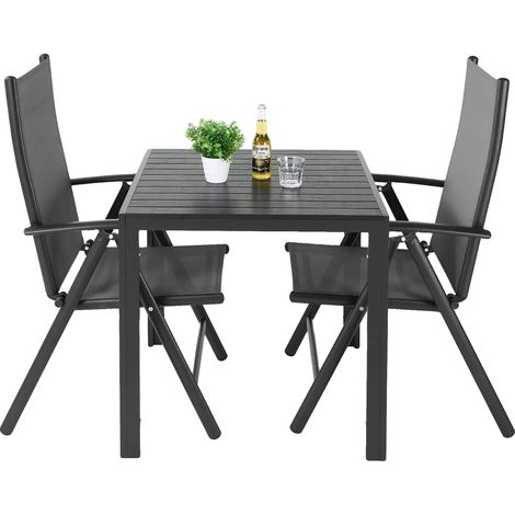 Ensemble de meubles de jardin, chaises pliantes réglables, table carrée en WPC, Tout Noir (1/2)