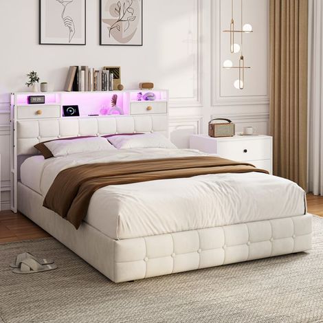 Cama doble 140x200 cm con iluminación LED, Cama con arcón 140x200 cm con espacio de almacenamiento, Somier, Cama capitoné para adultos, Terciopelo (1/5)