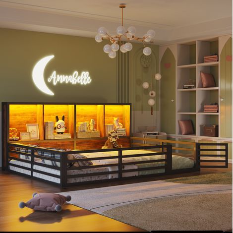 Bett Daybed Metall und MDF Schwarz 140x200 cm mit Sicherheitsgeländer, Lattenrost, Seitenablagen und LED