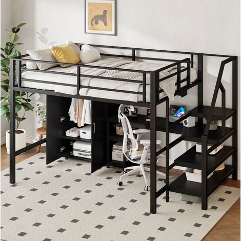 Letto a Soppalco 140x200 cm con Struttura Metallo e MDF Nero