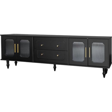 TV-Lowboard mit 4 Geriffelten Glastüren und 2 Push-to-Open Schubladen, Metallfüße, aus Spanplatte, 175×38×55,5 cm, Schwarz (1/5)