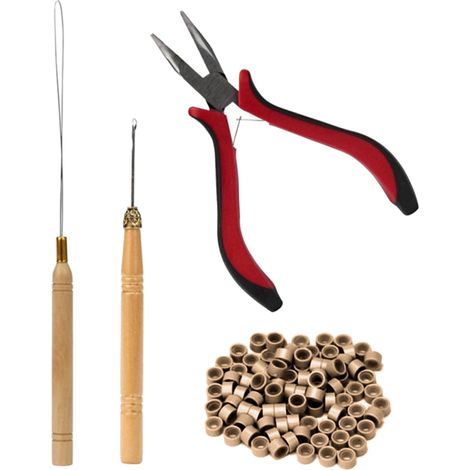 Ensemble de 4 pinces à perruque avec crochets en bois à pointe courbée et anneaux en silicone pour extensions de cheveux châtain clair (1/5)