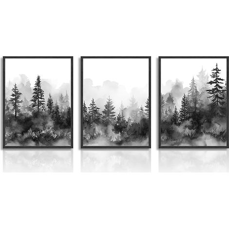 Decorative Poster Mountain Misty Forest Landscape Wall Poster Black Forest White Bedroom Living Room Decoration 12 x 16 cm Unframed Set of 3 (1/5)