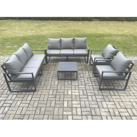 Fimous Aluminium Outdoor Lounge Sofa Set Garden Furniture Sets with Square Coffee Table 2 Chairs Dark Grey 8 Seater (1/5)