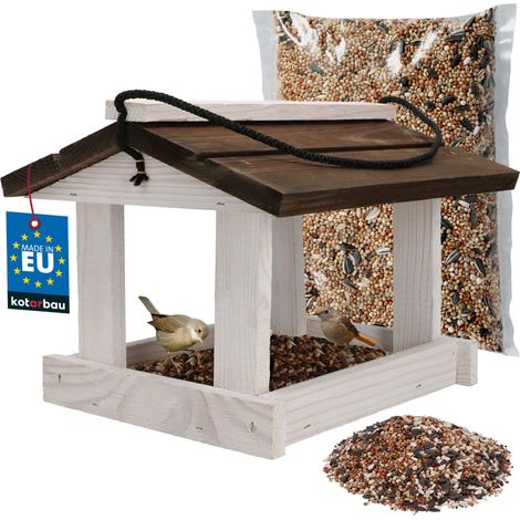 KOTARBAU® Mangeoire Oiseaux À Suspendre - Bois Naturel - 21 x 23,5 cm - Mangeoire Oiseaux Extérieur Bois - Blanc & Brun - 0,5 kg Nourriture - Décoration Jardin (1/5)