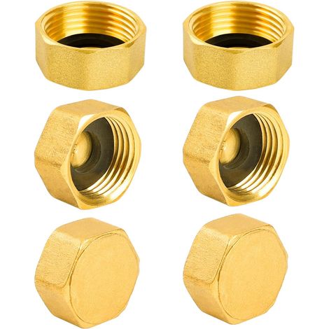 Tapón de latón para tuberías, 6 piezas G3/4" (Ø 24 mm) hembra con junta, tapones hexagonales de latón para tuberías, accesorios hidráulicos hexagonales para lavadoras, válvulas de radiador