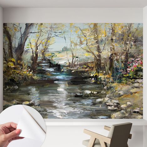 Selbstklebende Tapete modern Wohnzimmer - Wanddeko Schlafzimmer - Tapete mit Motiv Waldbach 152x104 cm (1/5)
